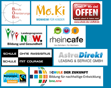 Logo Sammlung des Beurfs Orientierungs Büros, Fachkräfteportal Monheim, Landesprogramm NRW, rheincafe, Schule ohne Rassismus Schule mit Courage und AstraDirekt Leasing & Service GmbH