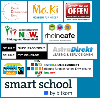 Logo Sammlung des Beurfs Orientierungs Büros, Fachkräfteportal Monheim, Landesprogramm NRW, rheincafe, Schule ohne Rassismus Schule mit Courage und AstraDirekt Leasing & Service GmbH